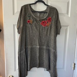 Lane Bryant Olive Green Short-Sleeve Tunic with Rose Embroidery